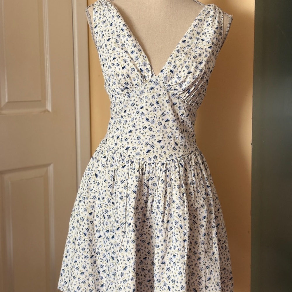 HM White and Blue Floral Sleeveless Fit and Flare Sundress